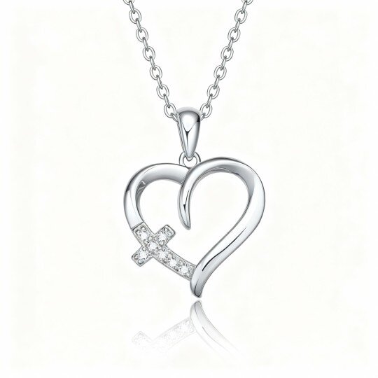 Collier pendentif croix et cœur en or blanc 10 carats et zirconiums cubiques