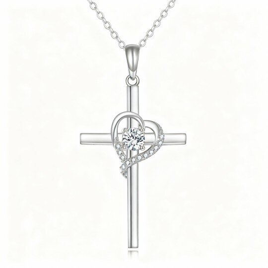 10K White Gold Cubic Zirconia Cross & Heart Pendant Necklace