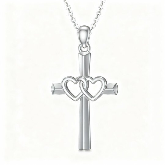 10K White Gold Cross & Heart & Heart With Heart Pendant Necklace