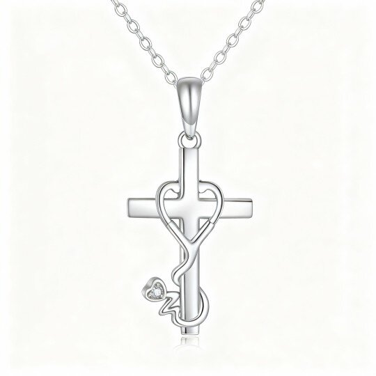 Colar com pendente de cruz e coração em ouro branco 9K com zircónia cúbica, coração e estetoscópio