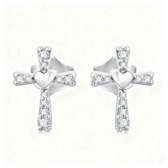 10K White Gold Cubic Zirconia Cross & Heart Stud Earrings