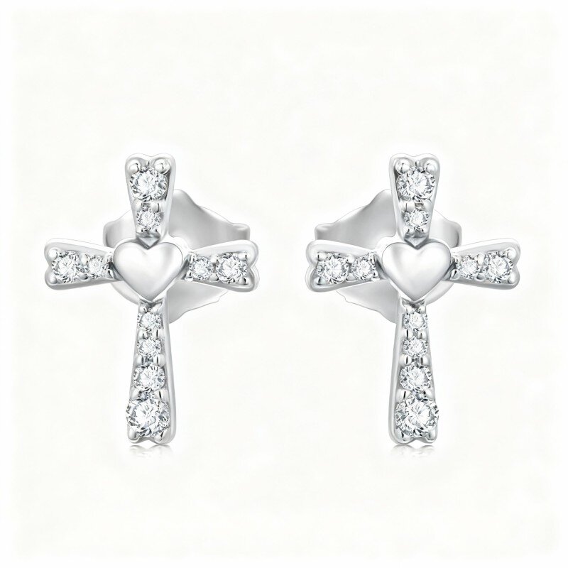 10K White Gold Cubic Zirconia Cross & Heart Stud Earrings-15