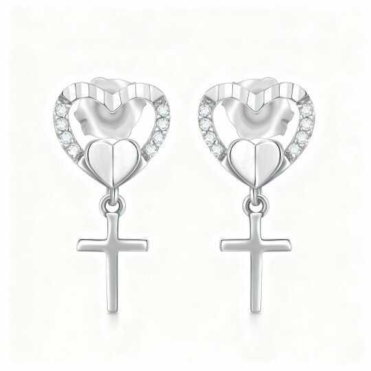 10K White Gold Cubic Zirconia Cross & Heart Stud Earrings