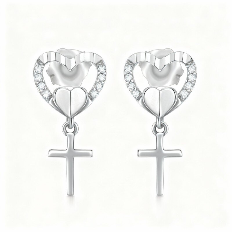10K White Gold Cubic Zirconia Cross & Heart Stud Earrings-12