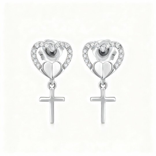 10K White Gold Cubic Zirconia Cross & Heart Stud Earrings