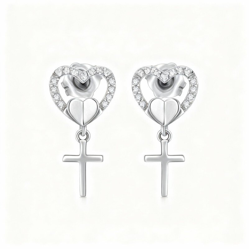 10K White Gold Cubic Zirconia Cross & Heart Stud Earrings-14
