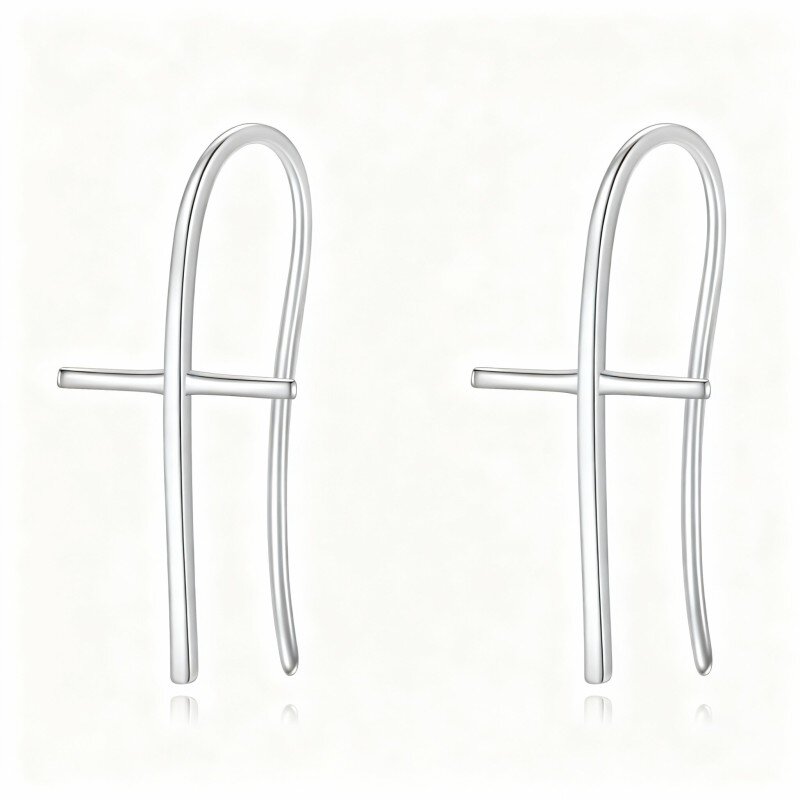 10K White Gold Cross Hoop Earrings-3