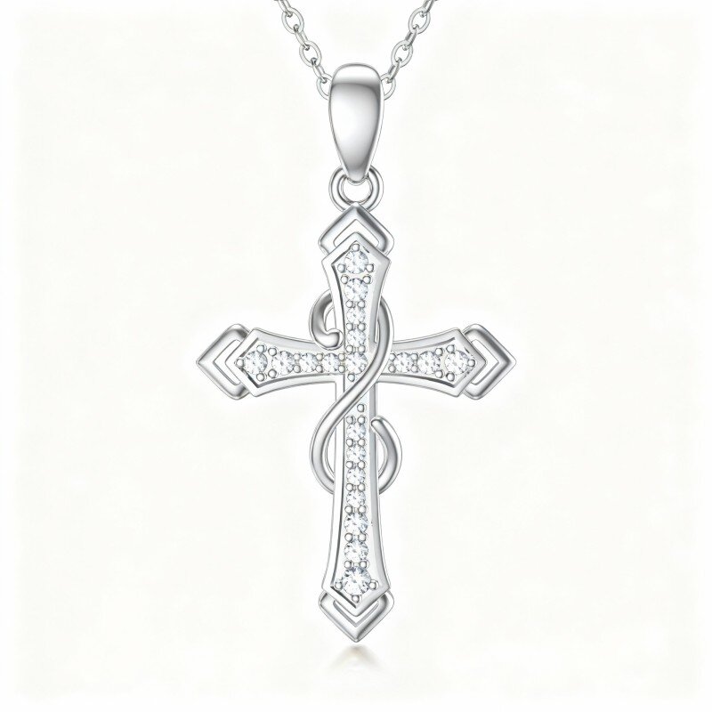 10K White Gold Cubic Zirconia Cross & Infinity Symbol Pendant Necklace-19
