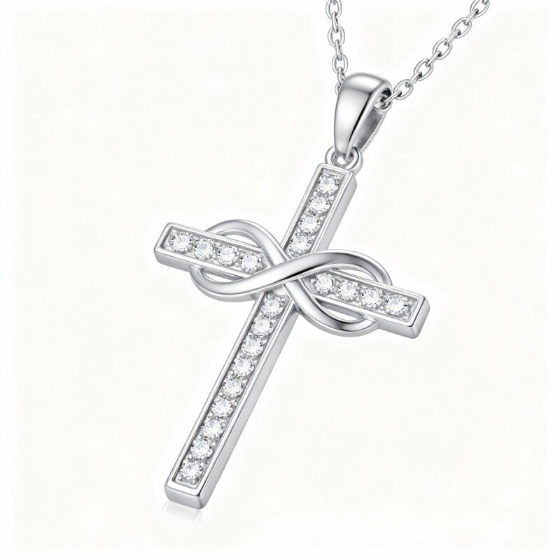 9K White Gold Cubic Zirconia Cross & Infinity Symbol Pendant Necklace-10