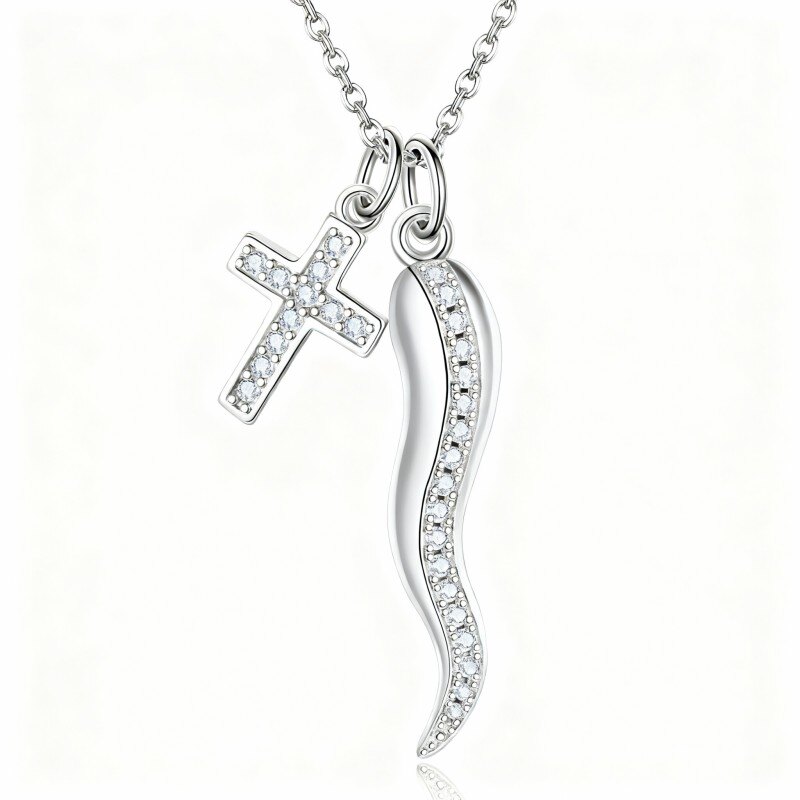 Collar con colgante de cruz y cuerno italiano en oro blanco de 14 quilates con circonitas cúbicas-1