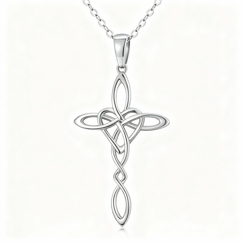 قلادة من الذهب الأبيض عيار 14 قيراطًا مع عقدة صليب-1