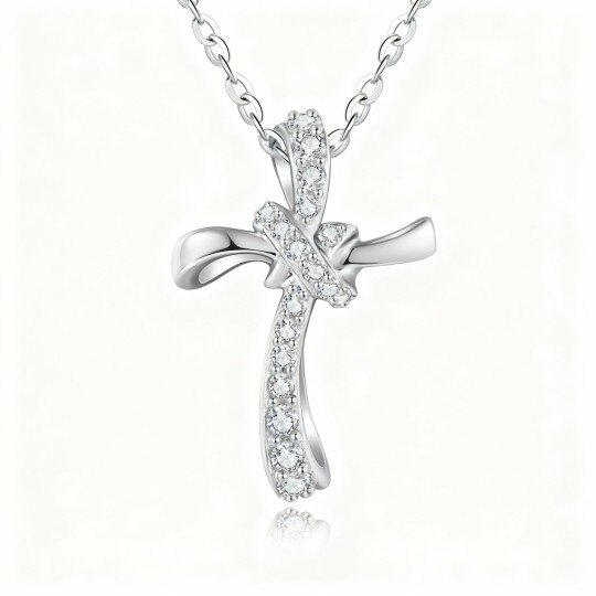 10Kホワイトゴールド キュービックジルコニア クロス＆クロスノットペンダントネックレス