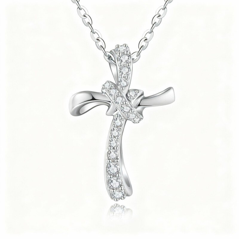 Halskette mit Kreuz- und Kreuzknotenanhänger aus 10-karätigem Weißgold mit Zirkonia-6