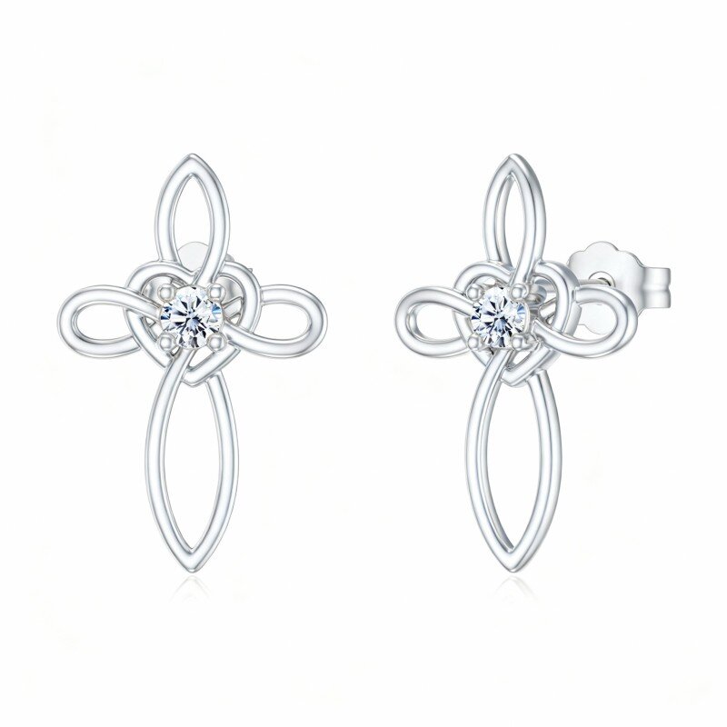 10K White Gold Cubic Zirconia Cross Knot Stud Earrings-10