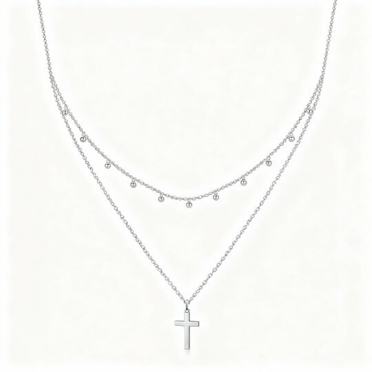 Colar com pendente de cruz em camadas em ouro branco 10K