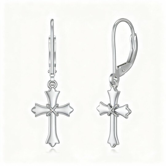 Pendientes de oro blanco de 10 quilates con cierre de palanca y cruz