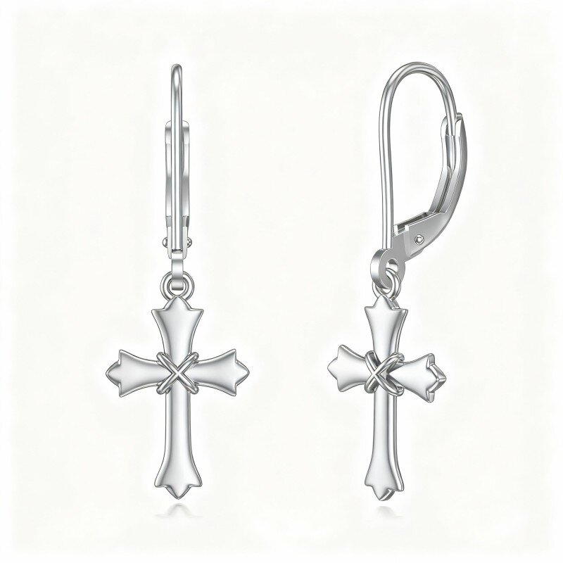Pendientes de oro blanco de 10 quilates con cierre de palanca y cruz-1