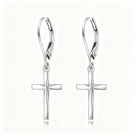Pendientes de oro blanco de 10 quilates con cierre de palanca y cruz