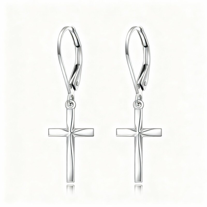 Pendientes de oro blanco de 10 quilates con cierre de palanca y cruz-2