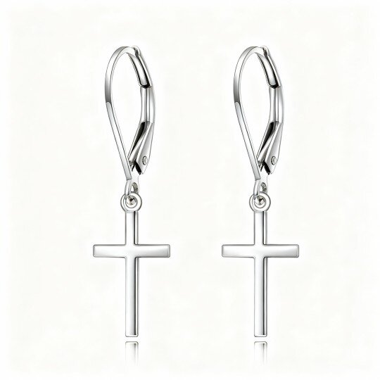 Brincos cruz com fecho de alavanca em ouro branco 18K
