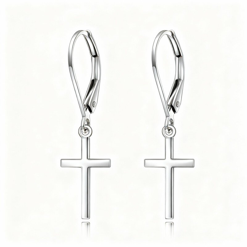 Pendientes de oro blanco de 14 quilates con cierre de palanca y cruz-1