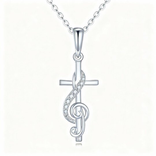 14K White Gold Cubic Zirconia Cross & Music Symbol Pendant Necklace