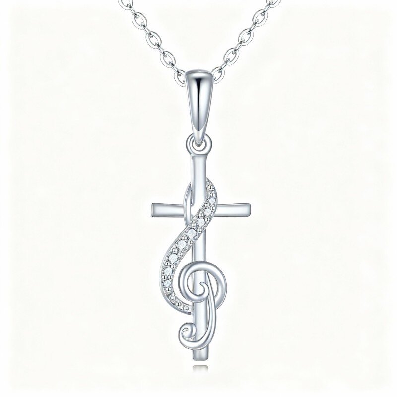 Collana con ciondolo a forma di croce e simbolo musicale in oro bianco 14 carati con zirconi cubici-19