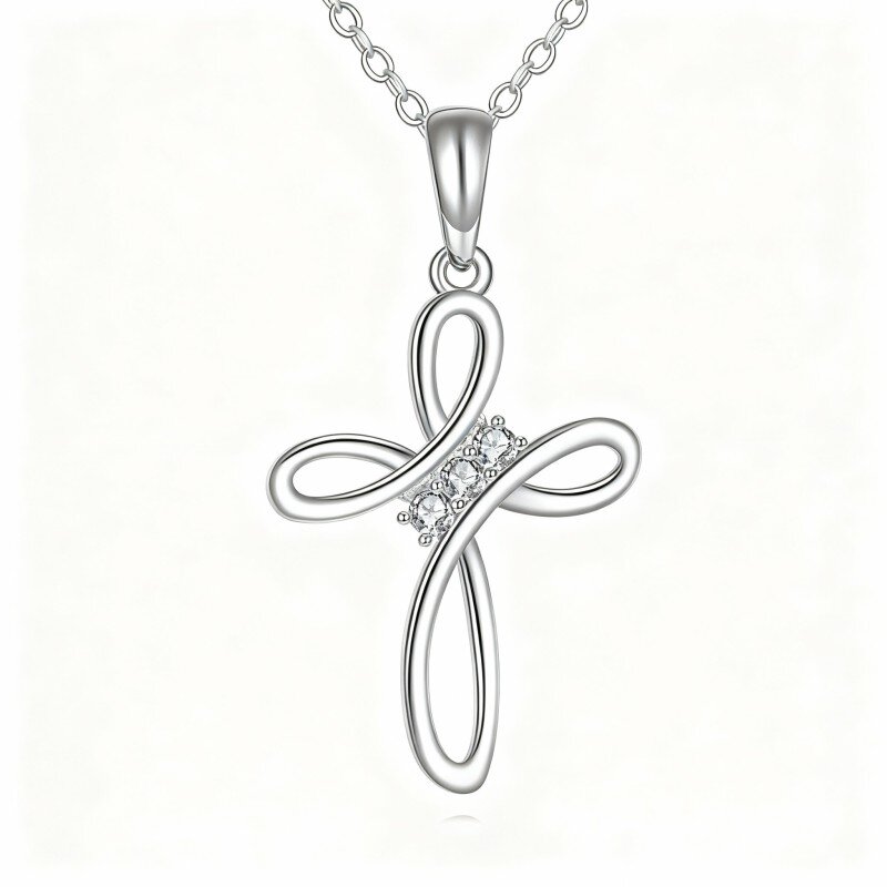 Collana con ciondolo a croce in oro bianco 10K e zirconi cubici-12