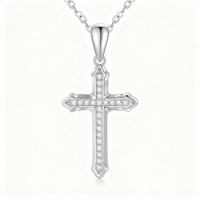 Collana con ciondolo a croce in oro bianco 10K e zirconi cubici-18