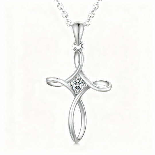 9Kホワイトゴールド キュービックジルコニア クロスペンダントネックレス