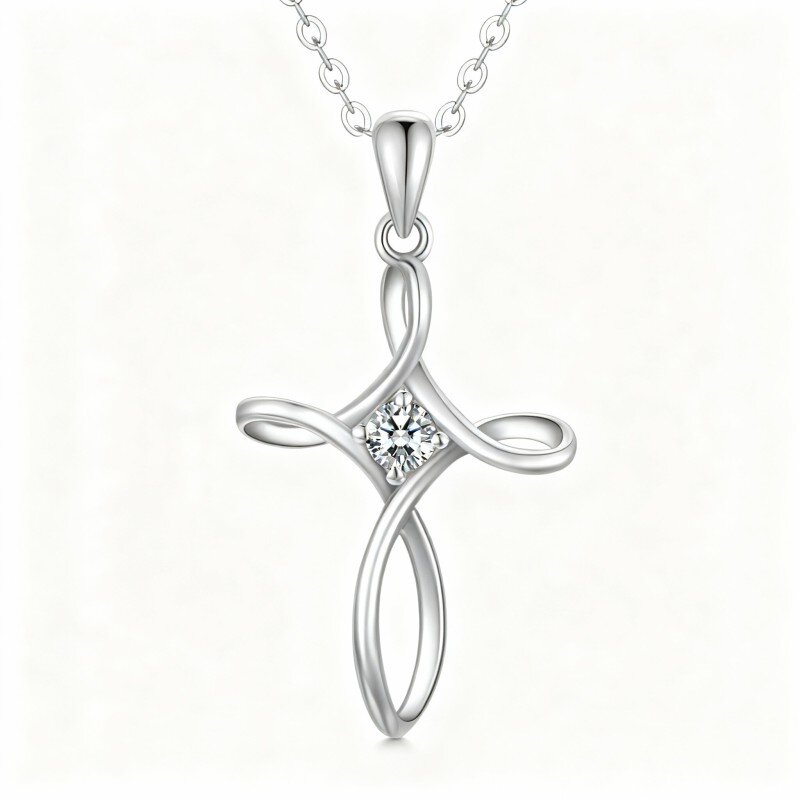 9K White Gold Cubic Zirconia Cross Pendant Necklace-17