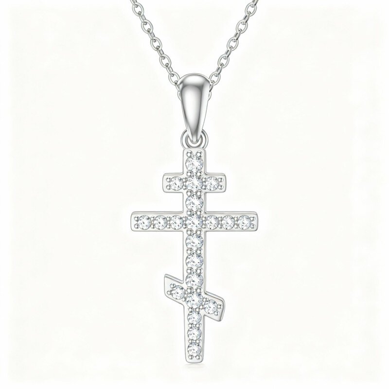Collana con ciondolo a croce in oro bianco 10K e zirconi cubici-8