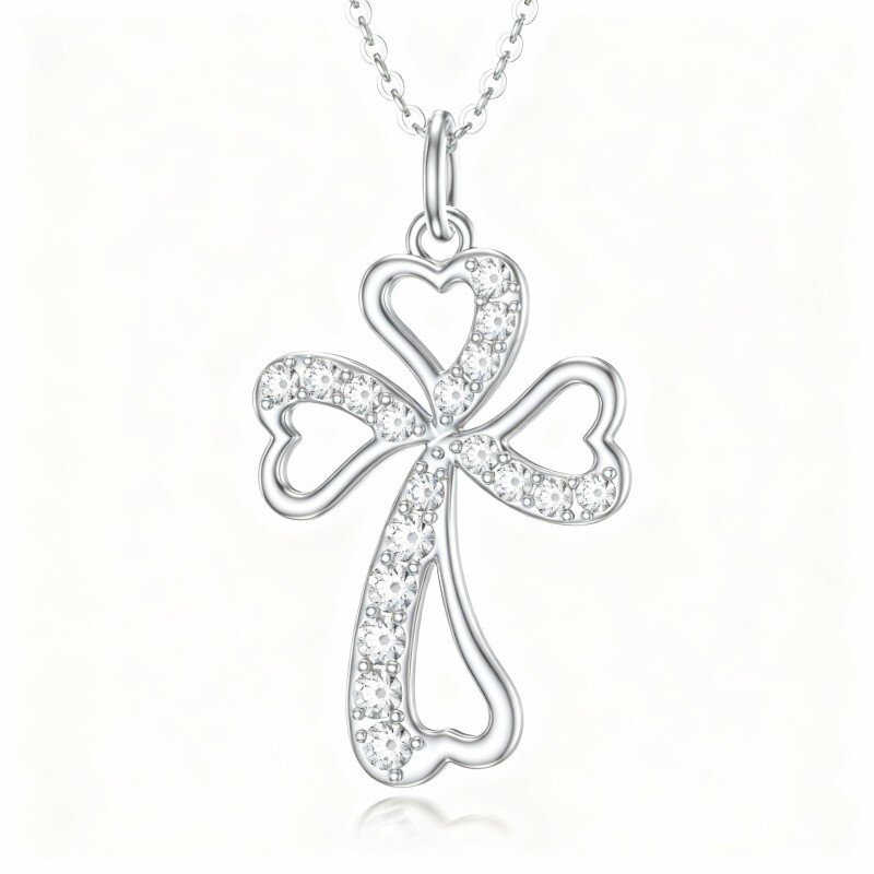 Collana con ciondolo a croce in oro bianco 10K e zirconi cubici-6