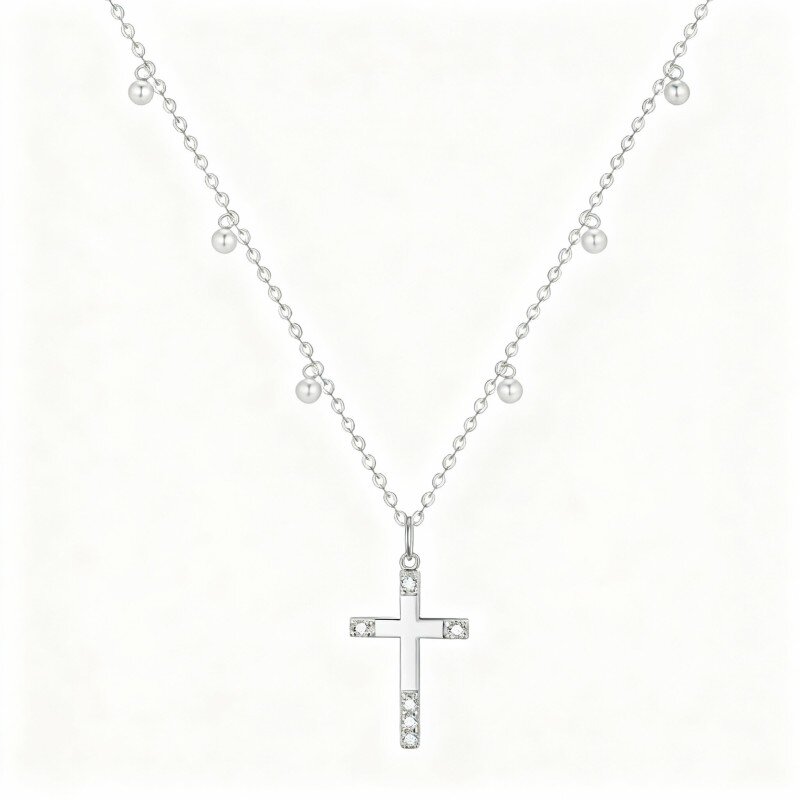 Collana con ciondolo a croce in oro bianco 10K e zirconi cubici-12
