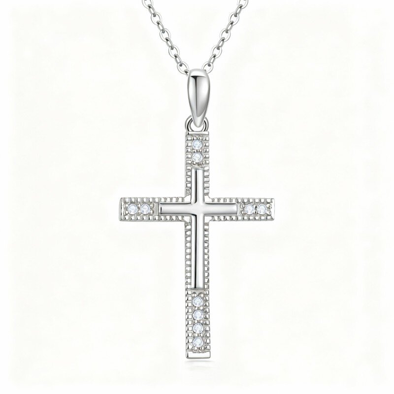 Colar com pendente de cruz em ouro branco 10K e zircónias cúbicas-1