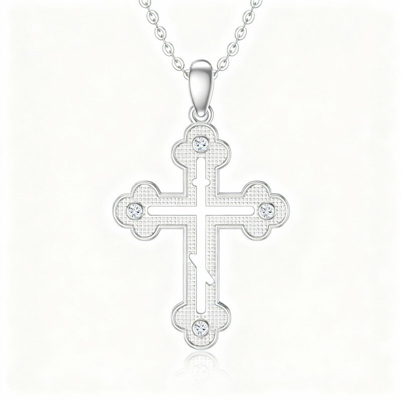 Colar com pendente de cruz em ouro branco 10K e zircónias cúbicas-11