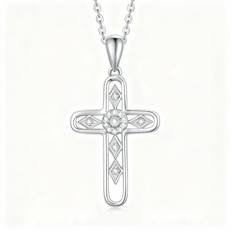 Collana con ciondolo a croce in oro bianco 10K e zirconi cubici-19