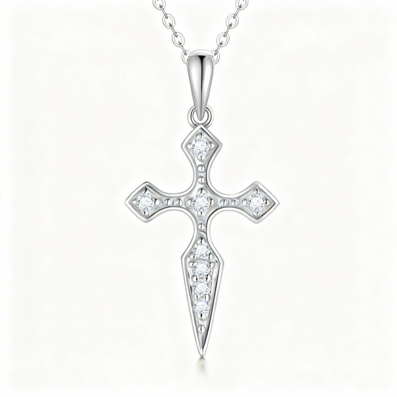 Colar com pendente de cruz em ouro branco 10K e zircónias cúbicas-19