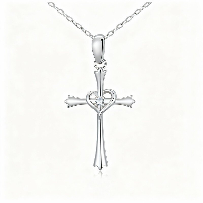 Colar com pendente de cruz em ouro branco 10K e zircónias cúbicas-8