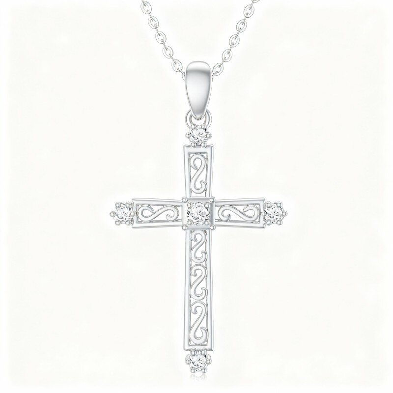 Colar com pendente de cruz em ouro branco 10K e zircónias cúbicas-18