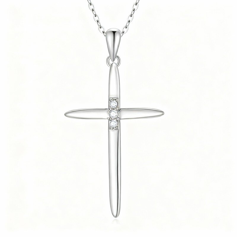 Collana con ciondolo a croce in oro bianco 14 carati e zirconi cubici-1