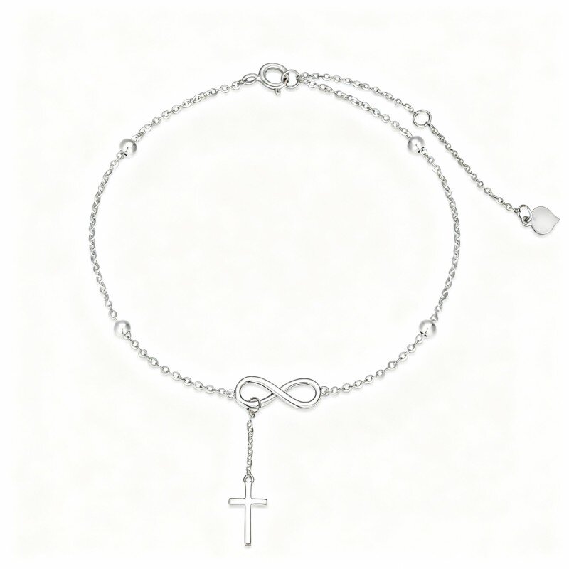 10K White Gold Cross Single Layer Charm Anklet-10