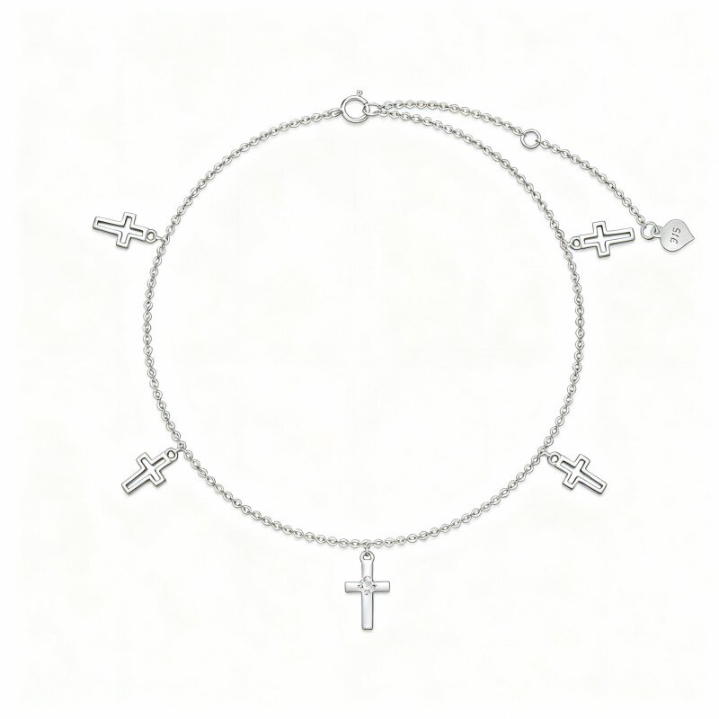 9K White Gold Cross Single Layer Charm Anklet-15