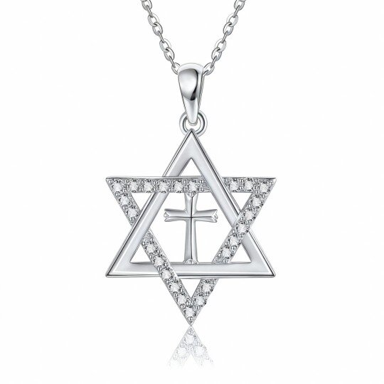 10K White Gold Cubic Zirconia Cross & Star Of David Pendant Necklace