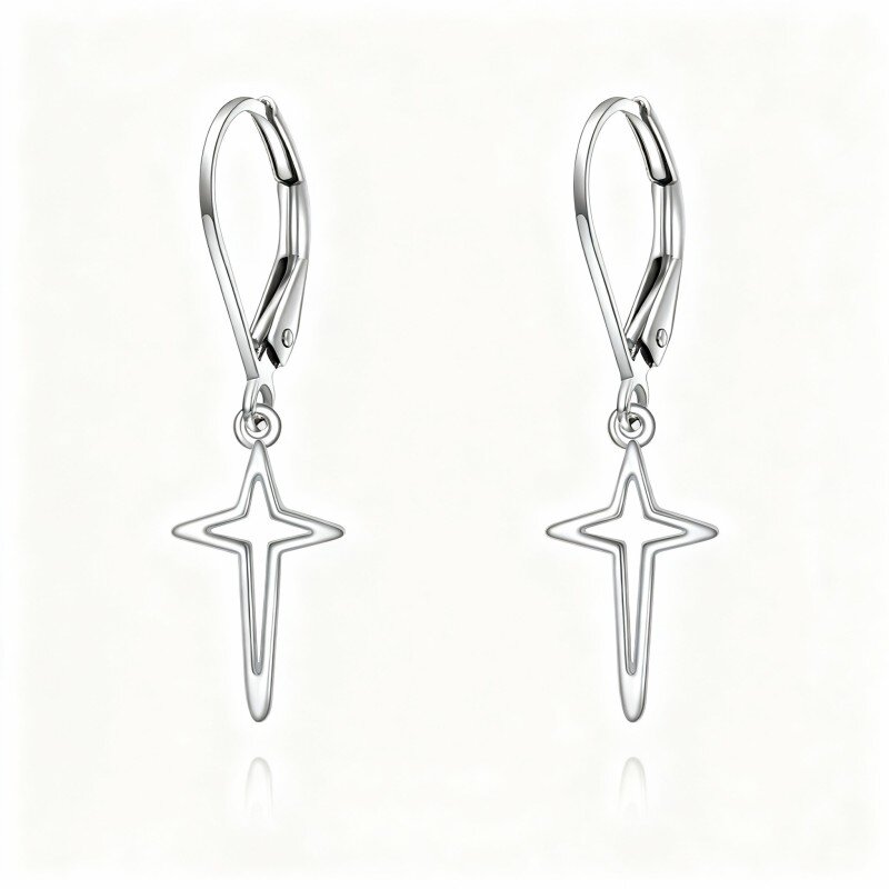 Pendientes de oro blanco de 10 quilates con cruz y estrella y cierre de palanca-6