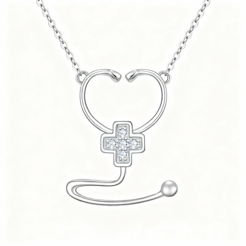 Collana con ciondolo a forma di croce e stetoscopio in oro bianco 10K con zirconi cubici-20