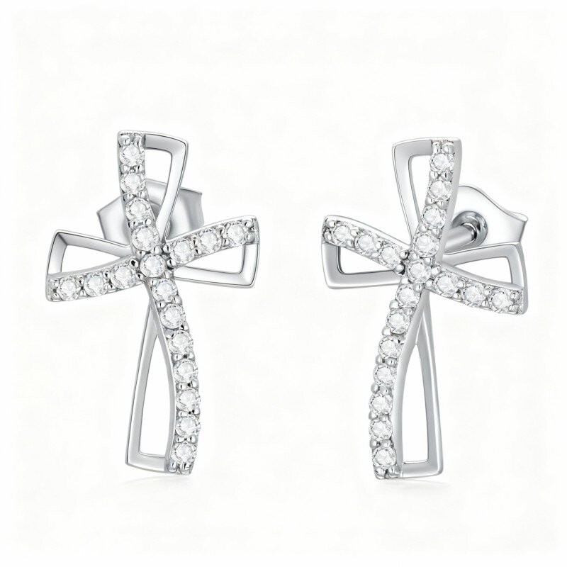 10K White Gold Cubic Zirconia Cross Stud Earrings for Men-8