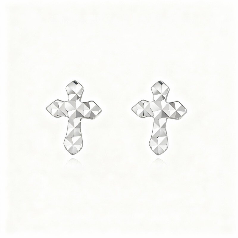 10K White Gold Cross Stud Earrings-12
