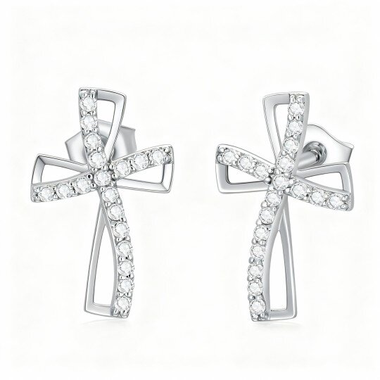 10K White Gold Cubic Zirconia Cross Stud Earrings