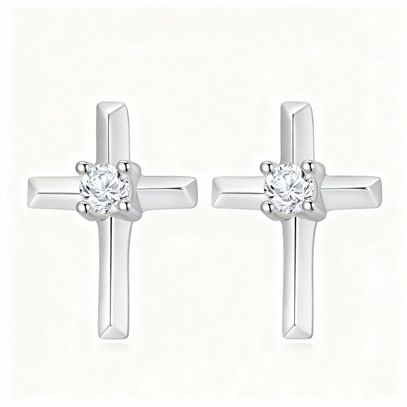 10K White Gold Cubic Zirconia Cross Stud Earrings-10